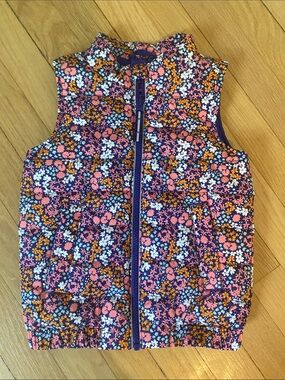 Girls Floral Quilted Puffer Vest - Navy Base with Pink & Orange Flowers